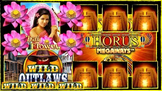 Thai Flower, Wild Outlaws & Eye of Horus Megaways. BOOKIES SLOTS UK. FOBT.