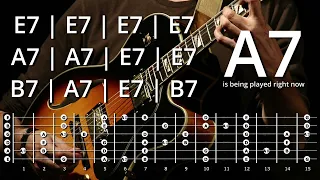 Easy 12 Bar Blues Shuffle in E-Mixolydian with Chords & Scales; 128 bpm Backing Track, Play along