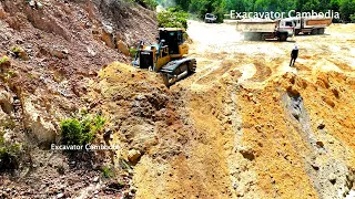 Amazing Dump Truck Working Drive Back Unloading At Slope And DOZER Shantui Pushing Dirt Make Dam