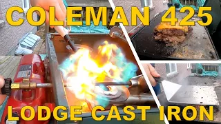 How to use a COLEMAN 425 camping stove - LODGE cast iron griddle seasoning