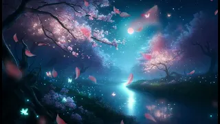 A mysterious Japanese landscape depicting cherry blossoms blooming along a river under a starry sky