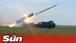 Russian Uragan rocket system fires multiple rockets at Ukrainian positions