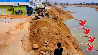 Best Incredible Action Resize Road on Canal 8M ,Bulldozer Push soil Rock , Team Truck Unload