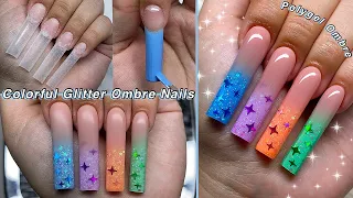 COLORFUL GLITTER OMBRE NAILS✨ HOW TO OMBRE USING POLYGEL & SPRING NAIL DESIGN! | Nail Tutorial