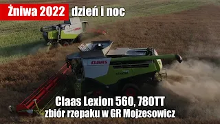 Żniwa 2022: zbiór rzepaku w GR Mojzesowicz - dzień i noc w polu Claas Lexion 780TT i 560