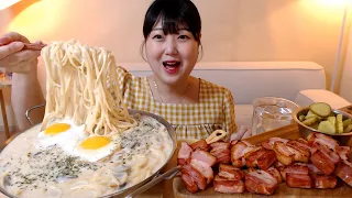 크림소스 낭낭한 갈릭크림파스타 통통한 통삼겹구이 피클 요리 먹방 Garlic Cream Pasta Grilled pork belly Koreanfood Cook Mukbang