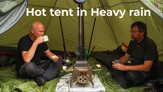 Hot tent in Heavy rain, Hot tent camping and campfire cooking, Wild camping, Hot tent stove