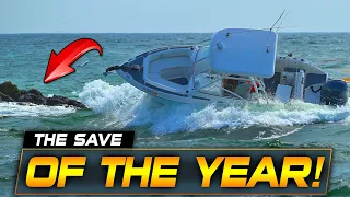 BIG WAVE PUSHES BOAT TOWARDS ROCKS AT BOCA INLET !! HAULOVER INLET BOATS | BOAT ZONE