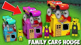 My family BUILD SCARY McQuenn CARS HOUSE in Minecraft ! VEHICLE BASE !