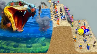 Sea Monster Protects Eggs | Crab Army Fights Lego People Causing Dam Break, Tsunami and Total Flood