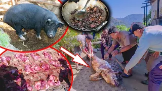 Pig cutting in the Rural village for Dashain || Village Style pork cutting, cooking and eating