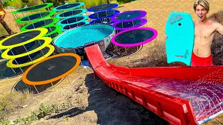 Backyard Trampoline Staircase WATER PARK! *SLIP N FLY WATER SLIDE*