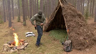 Snug & Cozy Shelter Build - Bushcraft, Flat Stone Fireplace, Birch Bark Roof, Solar Eclipse - Part 1