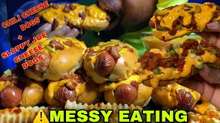 ⚠️EXTREMELY MESSY EATING SPICY CHEESE SAUCE🤤 CHEESY CHILI CHEESE DOGS, CHEESY SLOPPY JOE CHEESE DOG