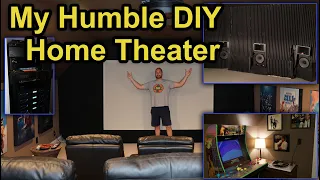 A tour of my DIY home theater.  120” AT screen. JBL Pro Speakers, Crown amps and lots of nostalgia.