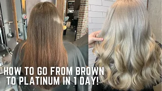 How to go from Brown to Platinum in one day - color correction tutorial transformation demi hair dye