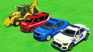 TRANSPORTING AUDI, DACIA POLICE CARS, VOLSKWAGEN FIRE DEPARTMENT, CAT LOADER WITH TRUCKS! FS22