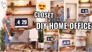 HOME OFFICE MAKEOVER!!😍 TURNING MY CLOSET INTO A HOME OFFICE | DIY WOOD SHELVES |  DECORATE WITH ME