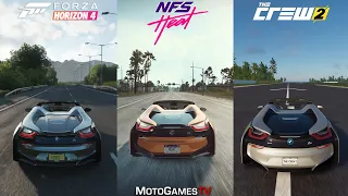 Forza Horizon 4 vs Need for Speed Heat vs The Crew 2 - BMW i8 Roadster Sound Comparison