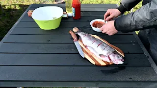 SALMON Cooked in Salt on Fire 🥾🔥🍲 #4k , #outdoors,l #onfire ,#outdoorcooking, #tasty , #salmon