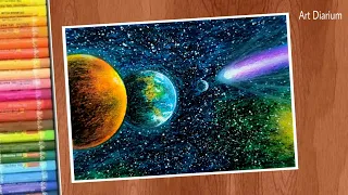 Comet Space Scenery Drawing | Neowise Comet | Art with Oil Pastel for Beginners - step by step