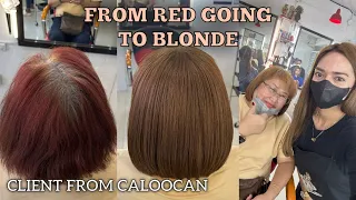 FROM RED COLOR GOING TO BLONDE COLOR, step by step hair tutorial