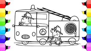 Peppa Pig Fire Truck Drawing, Painting and Coloring Pages for Kids, Toddlers | Peppa Pig Drawing