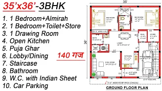 35x36 House Plan | 35x36 GHAR KA NAKSHA | 3BHK | 1260 Sqft| 140 Gaj House Design |35x36 House Design