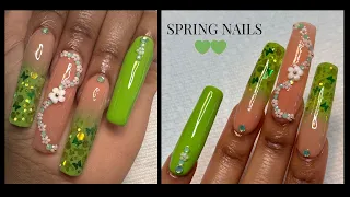 Green Flower Spring Nails 💚 I Spring Nails I Acrylic Nail Tutorial I Watch Me Work