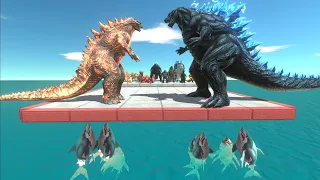 Kaiju Monsters Godzilla fighting above many Great White Shark