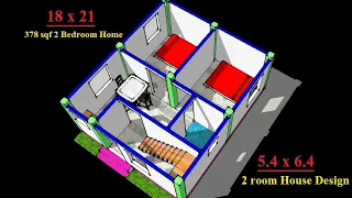 18x21(378sqft) House Plan - 2Bedroom 5.4x6.4 Meter Small House Design