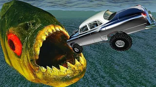 BeamNG.drive - Cars Jumping into Mouth of Hungry PIRANHA