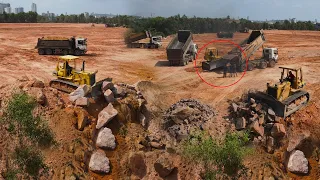 Good Job Great Development Land Filling Up by Operator Skills Bulldozer Pushing Stone, Dump Truck