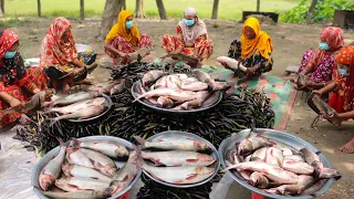 70 KG 32 Pieces Carp Fish & 100 KG Brinjal Curry Cooking By Village Lady For 300+ People