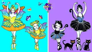 Paper Dolls Dress Up - Butterfly and Black Cat Dresses Handmade Quiet Book - Barbie Story & Crafts