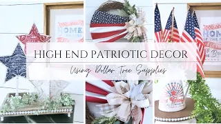 HIGH END FARMHOUSE PATRIOTIC DECOR/DOLLAR TREE DIYS/FLAG WREATH/RED WHITE & BLUE/SUMMER DECOR 2024