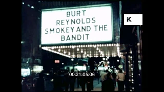 1970s New York, Police Car Driving Past Seedy Times Square Cinemas, 16mm