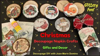 CHRISTMAS DECOUPAGE GIFTS and DECOR | NAPKINS & MOD PODGE | ➕GLITTERY “WOOD SLICE” ORNAMENTS! ❤️💚