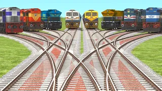 8 Trains Crossing On Curved Cut Railroad Track | X Cut Curved Track | Animated Train Simulator Game