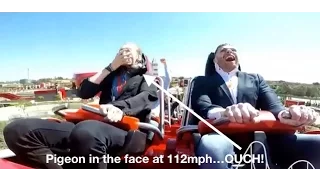 Guy gets hit in the face by a pigeon on the Red Force Rollercoaster at Ferrari Land!