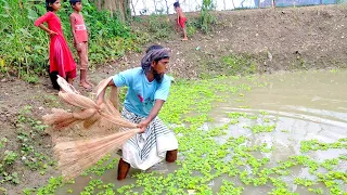 Net fishing Video - Asian traditional cast net fishing by village people with beautiful natural