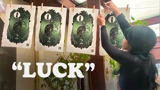 “Luck” Two layers linocut process by Milinoink