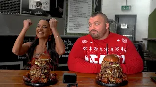 'THE CRAZY 8x8' CHRISTMAS BURGER CHALLENGE Vs WORLDS STRONGEST MAN @eddiehallwsm  | @LeahShutkever