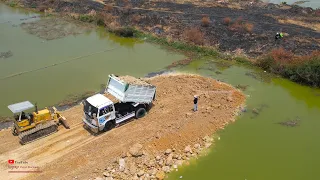 Successful Episode Finals​ Of Construction Crossing The Water For New Road By Bulldozer Dump Trucks