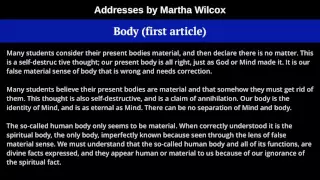 Body (first article), from Addresses by Martha Wilcox