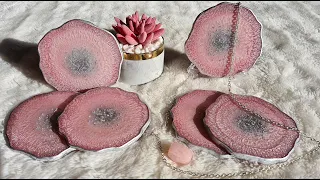 #931 Stunning Pink And Silver Geode Resin Coasters