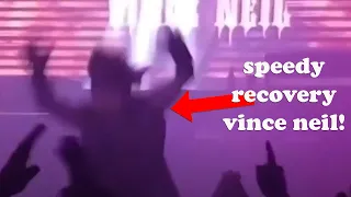 Vince Neil falls off the stage and breaks his ribs.