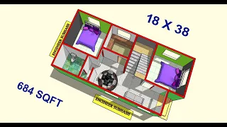 18 x 38 house plan design II 684 sqft ghar ka naksha II 18 x 38 home design II 2 bhk house plan