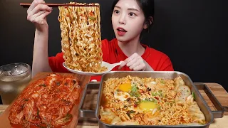 SUB)Spicy Ramyeon with Rice Cake tteok & Dumpling Mukbang Asmr