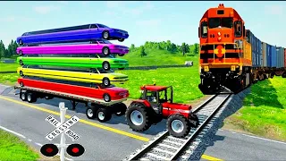 Double flatbed trailer truck Vs Speedbumps - Train mini vs Mini Tractor Transporting BeamN.drive#117